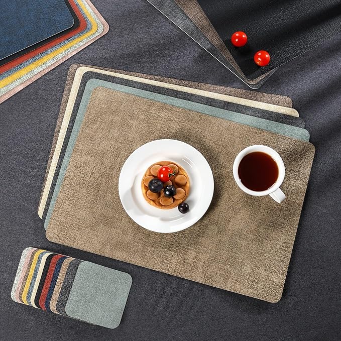 Myir JUN Dual Sided Placemats, Faux Leather Set of 6 Indoor/Outdoor Square Non-Slip Washable Table Mats (Gray Grass Green)