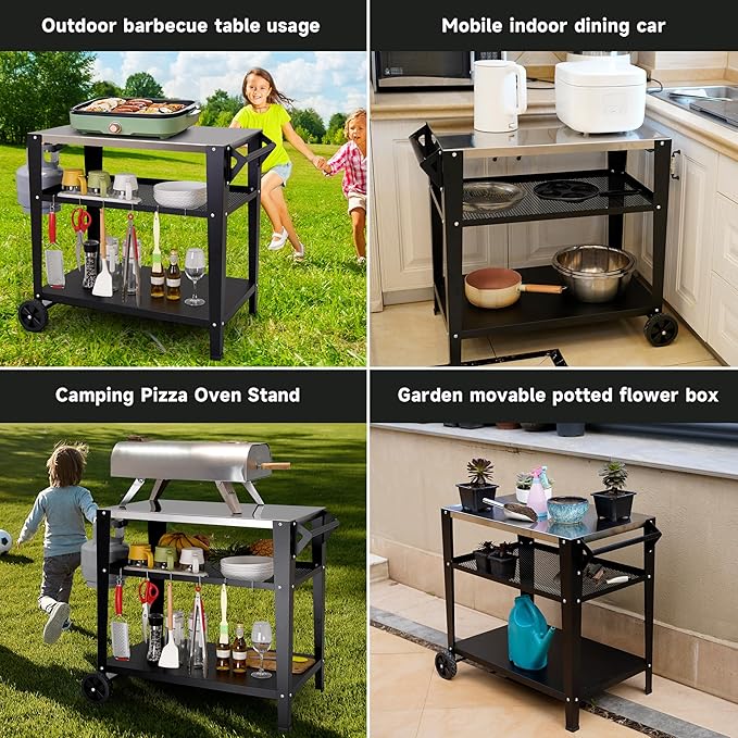 LEETOLLA Stainless Steel Outdoor Grill Cart with Wheels, Heavy-Duty 3-Tier BBQ Prep Table for Pizza Oven, Griddle, Patio ??Rustproof Commercial Kitchen Cart with Tool Hooks