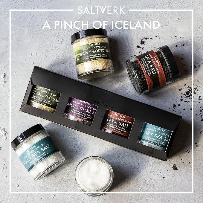 Saltverk Salt Gift Set - Includes 4 Jars - Flaky, Lava , Birch Smoked, Arctic Thyme Sea Salts- Gourmet, Icelandic, Hand Harvested and Sustainably Made - 12.33 Oz Total