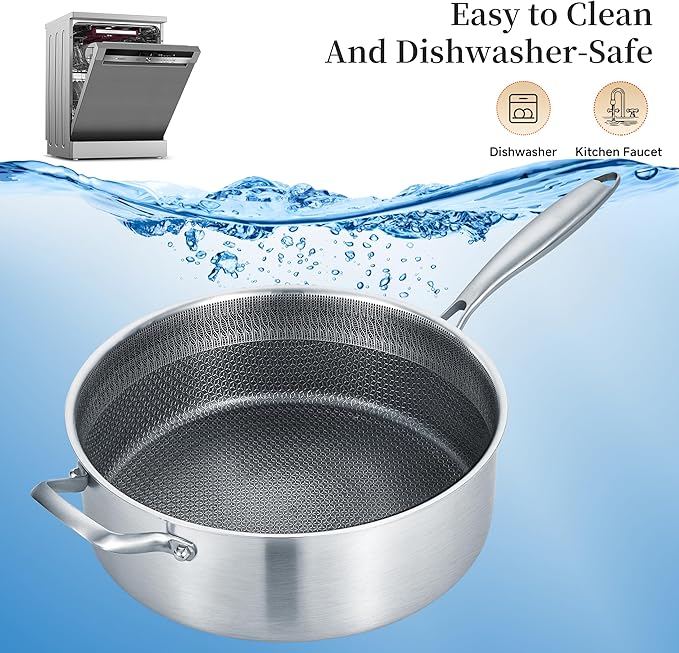 LOLYKITCH 6 Quarts Hybrid Non Stick Tri-Ply Stainless Steel Saut챕 Pan with Lid,12 Inch Deep Frying Pan,Large Skillet,Induction Cooking Pan, Oven Safe and Detachable Handle.