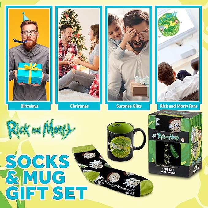 RICK AND MORTY Mug & Socks Gift Set for Men & Teens, Ceramic Tea Coffee Cup & Casual Trainer Crew Socks US Size 7-11, Gifts for Him