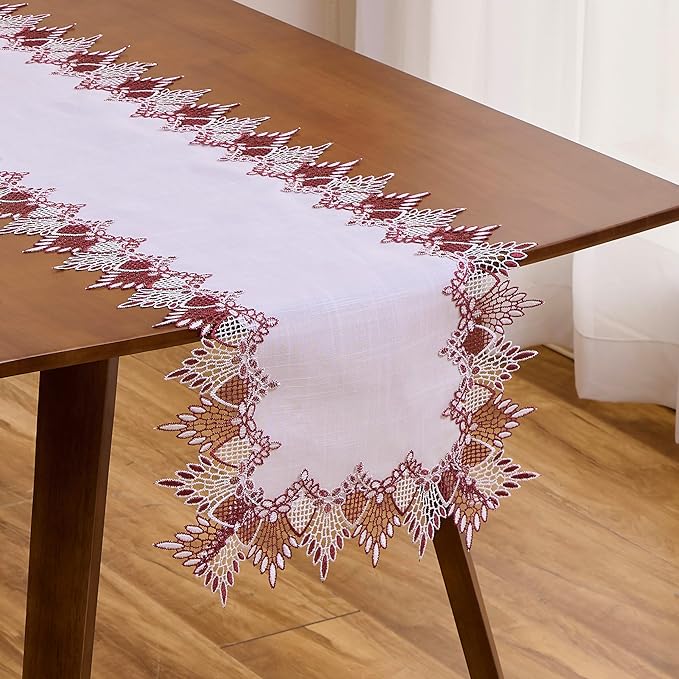 Raedan White Dark Red Jacquard Lace Table Runner 60 inches Long, Claret Dresser Scarf Table Topper for Christmas Kitchen Coffee Table Wedding Party Home Decor (Dark Red, 16?쓝60??