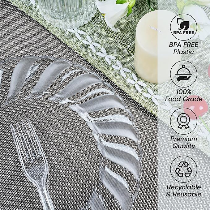 FOCUSLINE 100 Count Clear Plastic Plates 9 Inch, Disposable Heavy Duty Dinner Plates- Premium Hard Plastic Plate Fancy Disposable Clear Plates for Weddings, Parties and Events