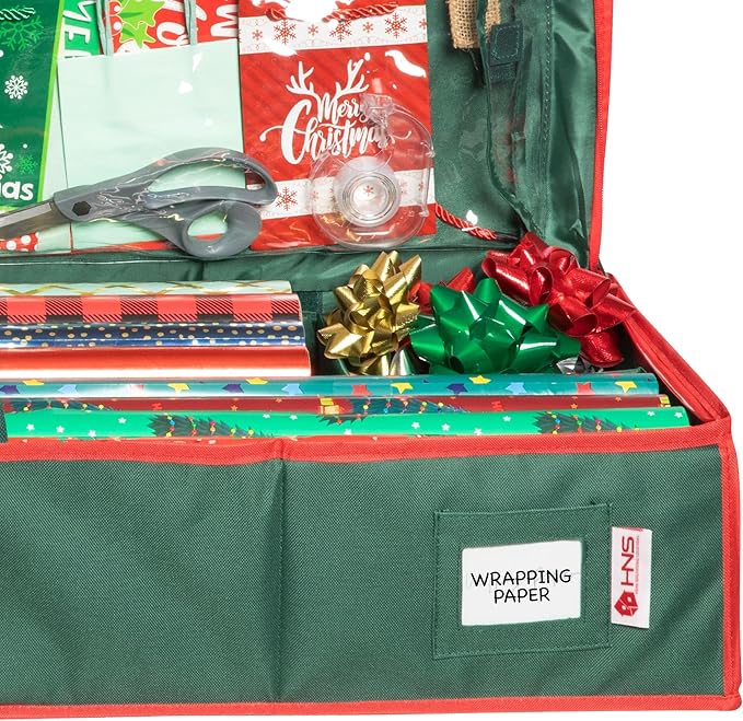 HOLDN??STORAGE Premium Wrapping Paper Storage Container - Durable 600D Tear-Proof, Fits 27 Rolls Gift Wrap, Extra Pockets for Ribbons & Bows, Underbed Storage - Ideal for Holiday Christmas, Green
