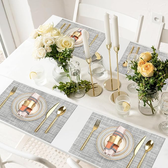 SLKQG Gray Placemats Set of 8 - Easy Clean Washable Vinyl Placemats - Wipeable Heat Resistant Table Mats for Dining Table - 17.7x11.8 Inch (8, Gray Black White)