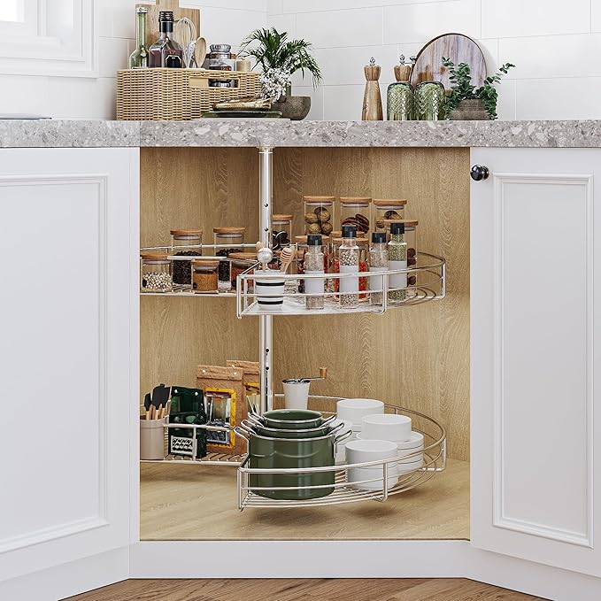 DWVO 31??Kidney 2-Tier Lazy Susan ??Telescoping Mount Corner Cabinet Organizer with Pie-Shelf Design, for Bathroom,Kitchen Cabinet Blind Corners (Chrome, 270째 Adjustable)