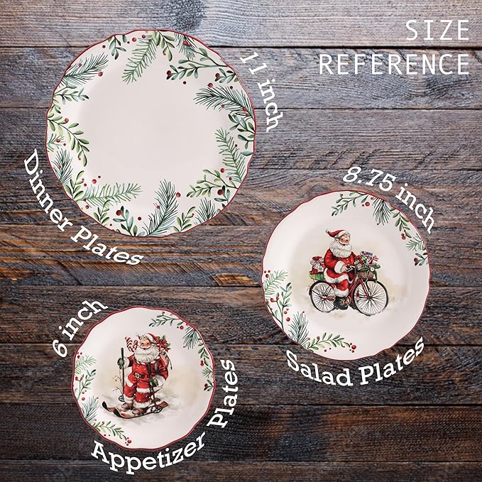 Bico Santa On The Way Scalloped Salad Plates Set of 4, 8.75 Inch Ceramic Dessert Plates for Salad, Appetizer, Side Dishes, Microwave and Dishwasher Safe, Gift for Housewarming and Christmas
