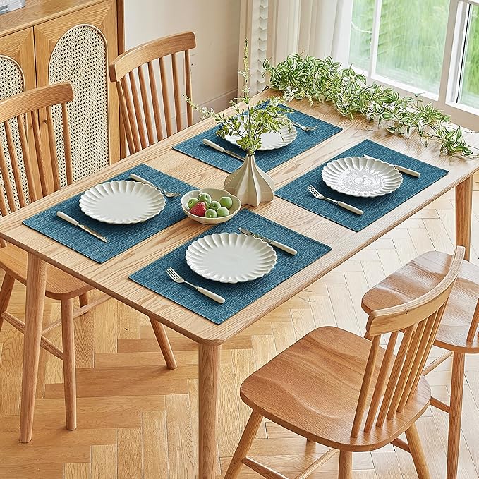 Softalker Faux Linen Placemats Set of 8-12 x 18 Inch, Heat Resistant Double Layered Durable Burlap Farmhouse Place Mats, Non-Slip Washable Rustic Table Mats for Dining, Kitchen, Party竊늇eal