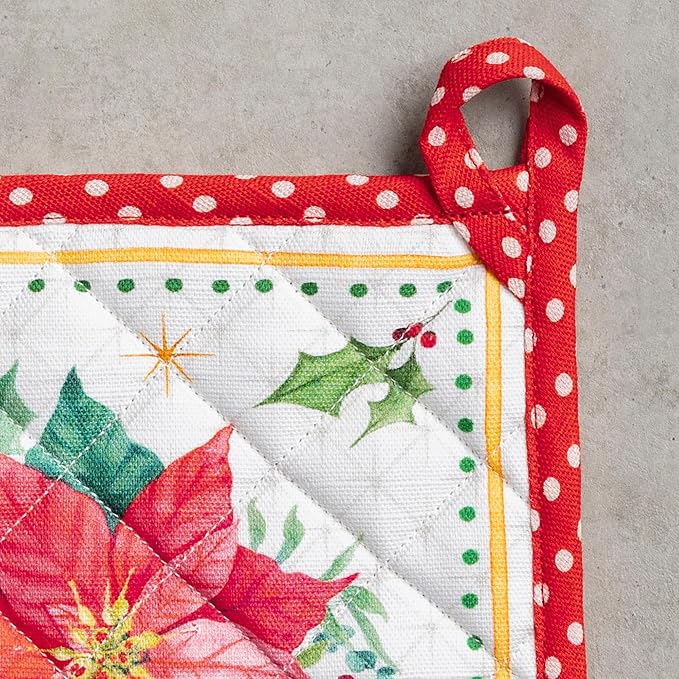Maison d' Hermine Pot Holders Set 100% Cotton Heat Resistant Potholders 8" x 8" Hot Pads with Loop for Thanksgiving Christmas Decorations Baking Handling Hot Pans (Pack of 2, Poinsettia Christmas)