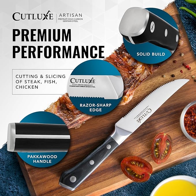 Cutluxe Steak Knives Set of 4, Serrated Steak Knives ??Forged High Carbon German Steel, Full Tang, Ergonomic Handle Design ??Artisan Series