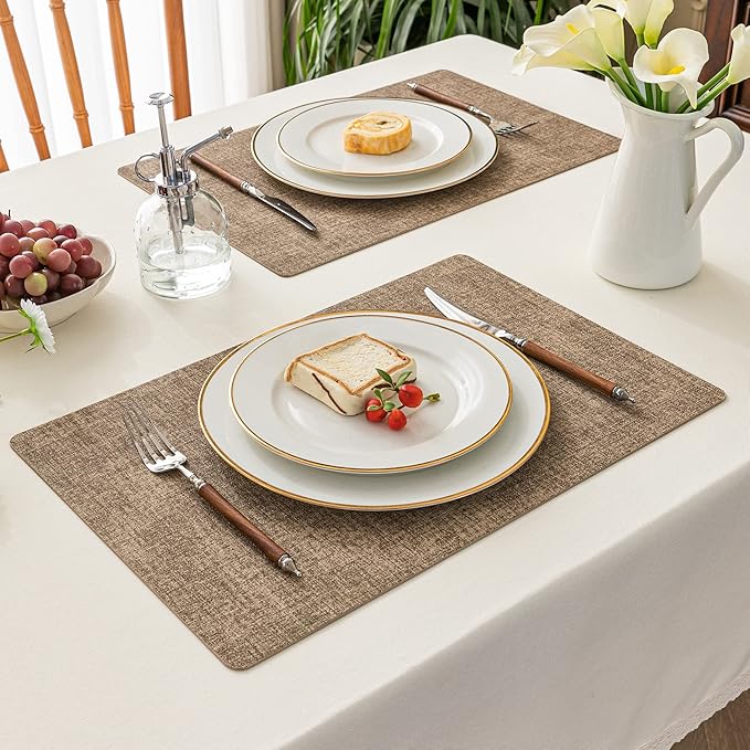 Romanstile Vinyl Placemats Set of 4-12 X 17 Inch - Heat Resistant Place Mats 100% Waterproof Oilproof Wipeable Reversible Faux Leather Table Mats for Kitchen, Dining, Party, Outdoor, Coffee
