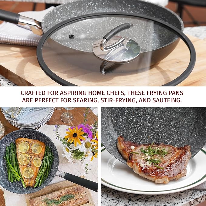 DaTerra Cucina Nonstick 2-Piece Induction Frying Bundle ??9.5" Ceramic Fry Pan & 11" Ceramic Frying Pan with Lid ??Oven & Induction Safe, Nonstick Cookware, PTFE & PFOA Free - Made in Italy, Black