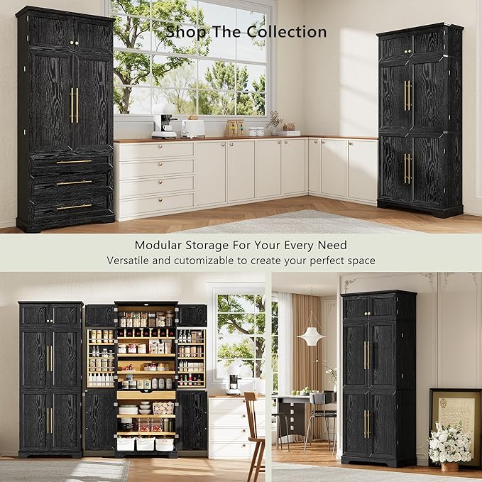 Merax 78.2" Tall Kitchen Pantry Storage Cabinet, Farmhouse Freestanding Large Cupboard with Hidden Drawer, Cabinet, 4 Adjustable Shelves, 8 Door-Shelf & 7 Wine Rack for Dining Room, Black