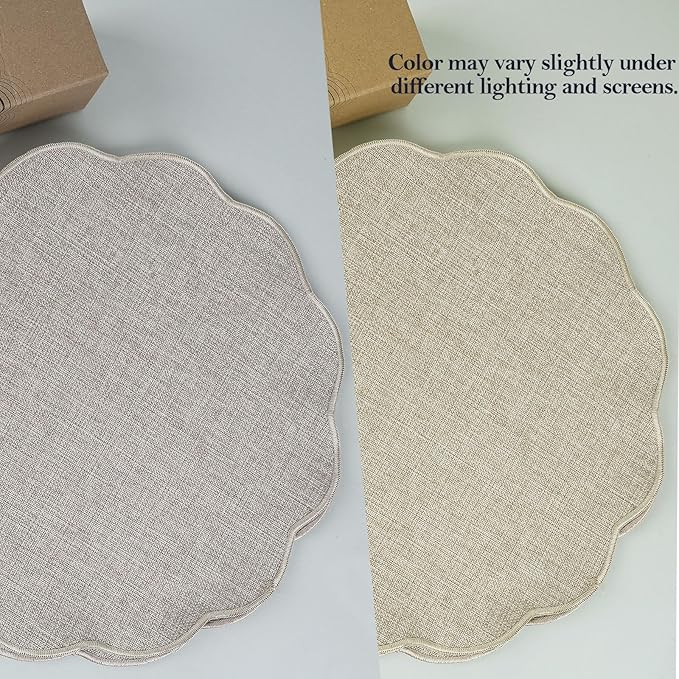 AHHFSMEI Round Faux Linen Placemats Set of 6 Waterproof Table Mats Heat Resistant Non-Slip and Stain Proof for Kitchen Dining Elegant Decor (Linen Beige,6)