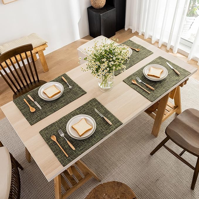 Kevin Textile Christmas Placemats, Set of 4 Heat-Resistant Placemats for Kitchen Table, Washable Durable Linen Table Mats Woven Placemats (4 Pcs, 13"x19", Peridot Green)