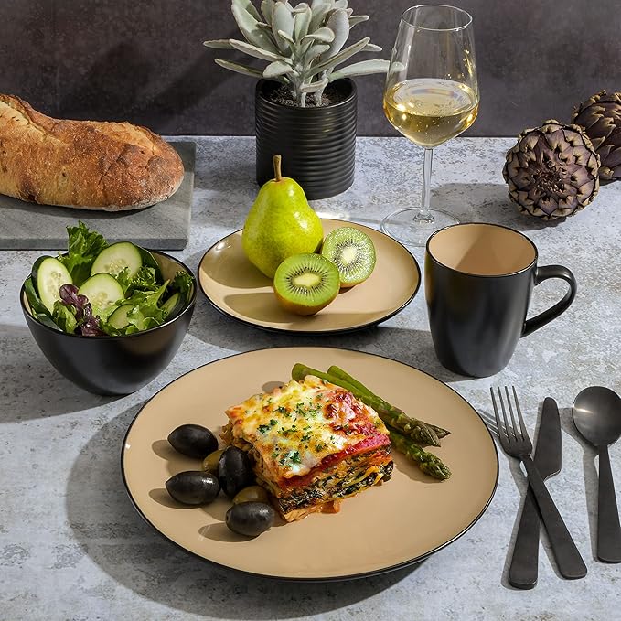 Gibson Elite Soho Lounge 16-Piece Round Reactive Glaze Stoneware Dinnerware Set, Service for 4 ??Taupe Plates and Bowls