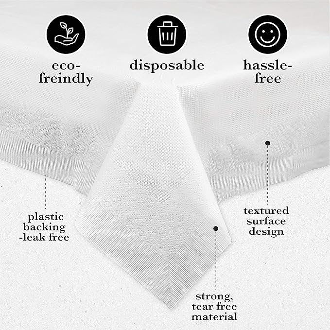 Disposable 3 Ply Paper & Plastic Tablecloth Absorbent, Waterproof, White Table Cover for Rectangle Tables fits 6-8 Foot Tables Size: 54'' X 108'' Pack of 5