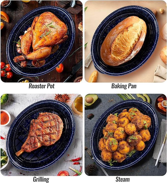 Roasting Pan with Lid and Rack 18" Deep Large Oval Enamel Roaster Pan, Oven Dishwasher Safe Non-Stick Non-Toxic Roast Pot for Turkey Ham Steak Roasts & Bread, Wife's Christmas Gift