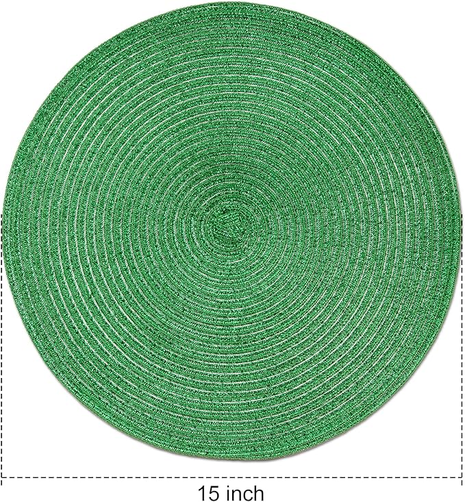 FunWheat Round Braided Placemats Set of 6 Table Mats for Dining Tables Woven Washable Non-Slip Place mats (Green Shining, 6pcs)