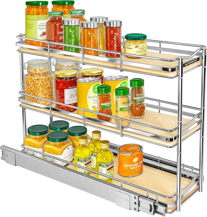 LYNK PROFESSIONAL짰 횋lite??Pull Out Spice Rack Organizer for Inside Kitchen Cabinets - 6"x21" - Slide Out Drawer ??Wood/Chrome Sliding Spice Cabinet Organization Shelf Racks - 3 Tier