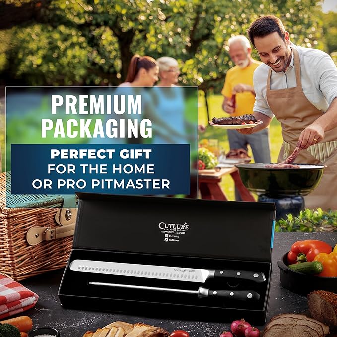 Cutluxe BBQ Knife Carving Set ??12" Brisket Knife & 10" Honing Rod, Butcher Knife Set for Meat Cutting ??Ultra Sharp German Steel, Ergonomic Pakkawood Handles ??Artisan Series