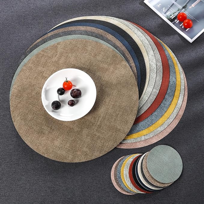 Myir JUN Round Dual-Sided Placemats, Faux Leather Set of 4 for Indoor and Outdoor Dining Tables, Non-Slip Washable Table Mats (Gray Terracotta)