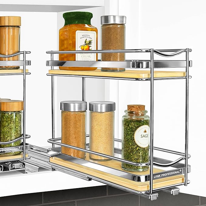 LYNK PROFESSIONAL짰 횋lite??Pull Out Spice Rack Organizer for Inside Kitchen Cabinets - 4-3/8 inch Wide - Slide Out Drawer ??Wood/Chrome Sliding Spice Cabinet Organization Shelf Racks - 2 Tier