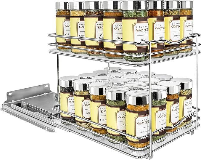 LYNK PROFESSIONAL짰 Pull Out Spice Rack Organizer for Inside Kitchen Cabinets - 8-3/8 inch Wide - Slide Out Drawer ??Chrome Sliding Spice Cabinet Organization Shelf Racks - 2 Tier
