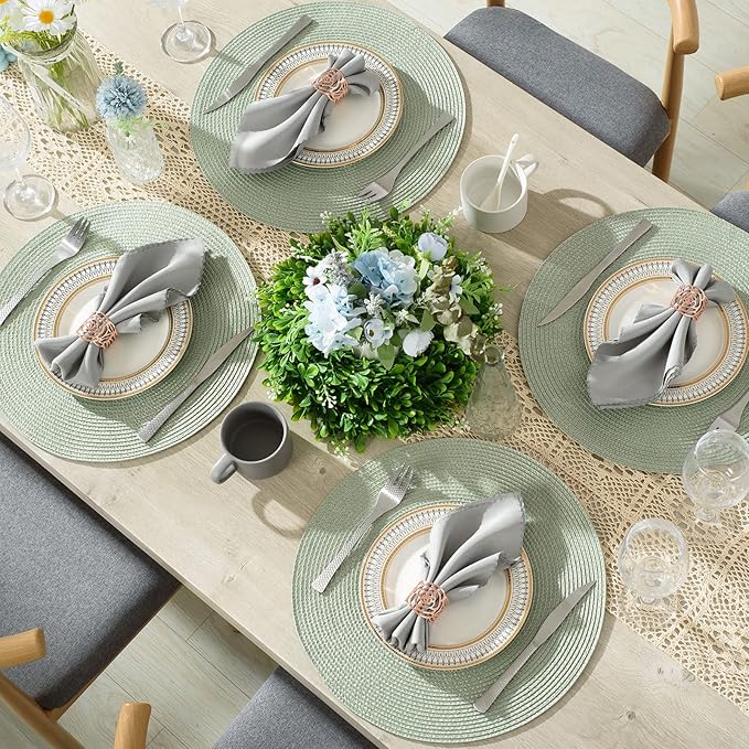 AHHFSMEI Round Braided Placemats 15 Inch Round Table Mats for Dining Tables Natural Woven Heat Resistant Place mats Set of 8 (Sage Green,8)