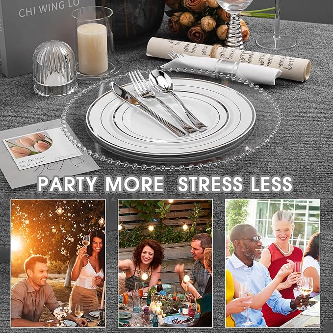 350 PCS White and Silver Plastic Dinnerware Set for 50 Guests, 100 Thanksgiving Disposable Plates for Party, 50 Pre Rolled Napkins with Silver Silverware, 50 Cups