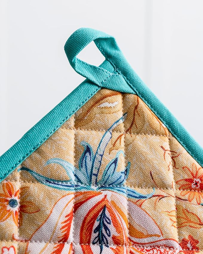 Maison d' Hermine Pot Holders Set 100% Cotton Heat Resistant Potholders 8" x 8" Hot Pads with Loop BBQ, Cooking, Grilling, Kitchen, Handling Hot Pans Spring/Summer (Pack of 2, Luxury Loft ??Peach)