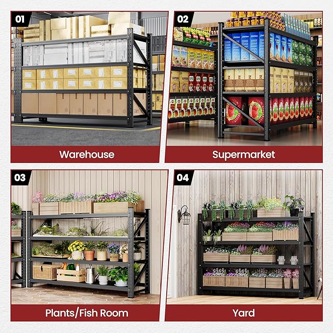 75" Wide Industrial Storage Shelves, 9000LBS Garage Shelving Heavy Duty, Standing Shelf Units, 4 Tier Metal Adjustable Storage Shelving Rack for Shop Warehouse Basement, 75'' W x 24''D x 70'' H