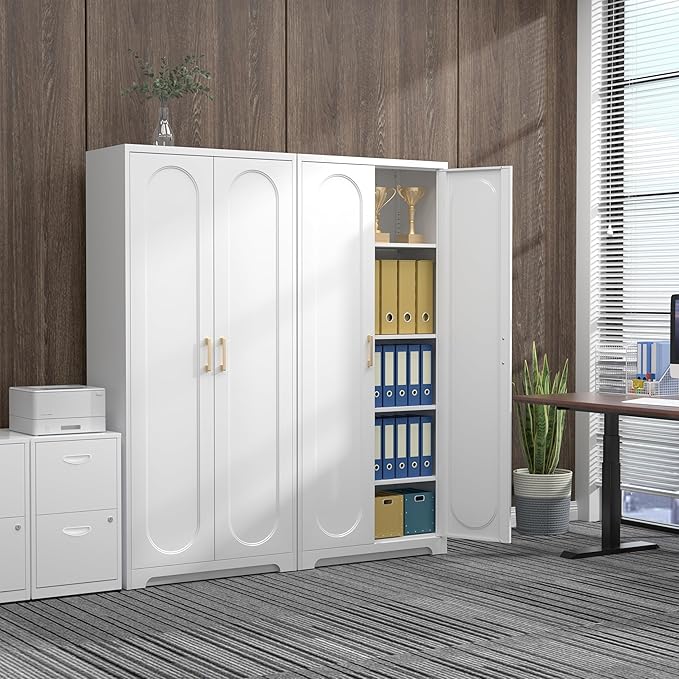 71" White Pantry Cabinet with Doors, Tall Metal Kitchen Pantry Storage Cabinet with 4 Adjustable Shelves and Gold Handles, Cupboard for Laundry, Dining Room, Living Room, Bathroom