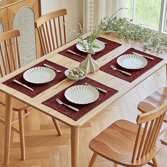 Softalker Faux Linen Placemats Set of 6-12 x 18 Inch, Heat Resistant Double Layered Durable Burlap Farmhouse Place Mats, Non-Slip Washable Rustic Table Mats for Dining, Kitchen, Party竊늃ed
