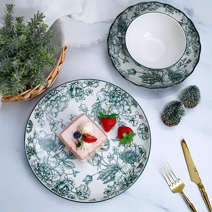 12-Piece Floral Porcelain Dinnerware Set, Service for 4, Green Pattern Plates and Bowls, Microwave and Dishwasher Safe