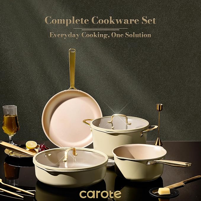 CAROTE 19Pcs Pots and Pans Set, Non Stick Induction Cookware Sets with Durable Cast Steel Handle, Oven-Safe Pots and Pans with Cooking Utensils, PFOS/PFOA Free, Dishwasher Safe, Aluminum