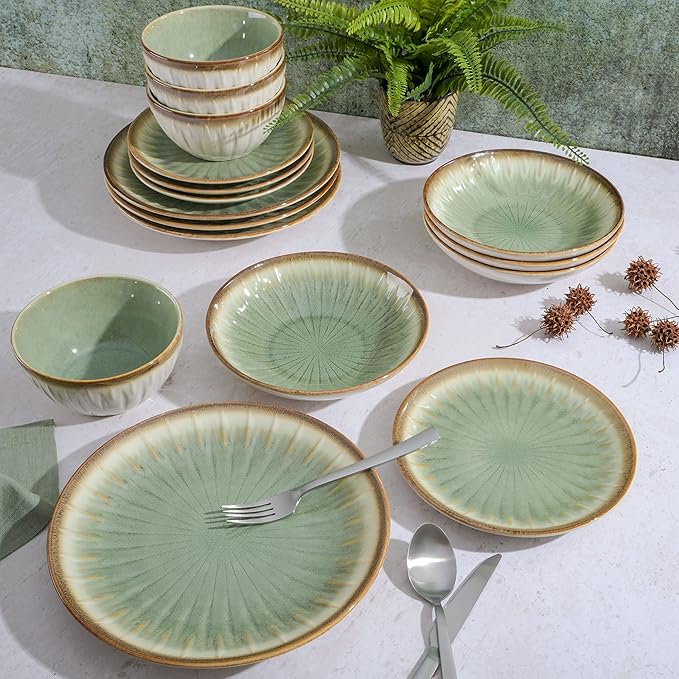 Gibson Elite Mayfair Bay 16-Piece Embossed Double Bowl Dinnerware Set, Service for 4 ??Green Stoneware Plates and Bowls