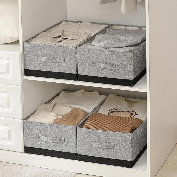Linen Folding Storage Bins, 3 Pack Large Storage Baskets, Washable, Clothing Storage Bins with Handle, Closet Organizer for Storage Sweater,Sheets (gray black, 18쩍"x13쩍"x8쩍")