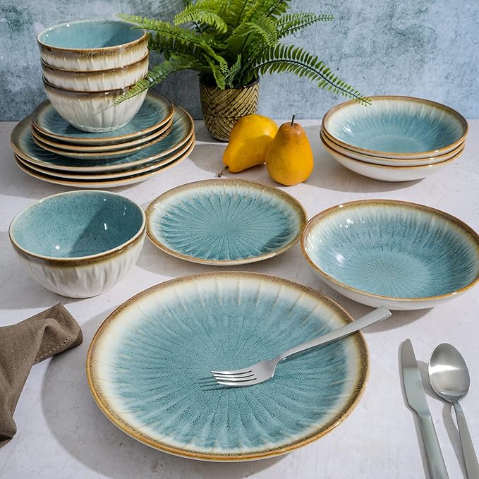 Gibson Elite Mayfair Bay 16-Piece Embossed Double Bowl Dinnerware Set, Service for 4 ??Blue Stoneware Plates and Bowls