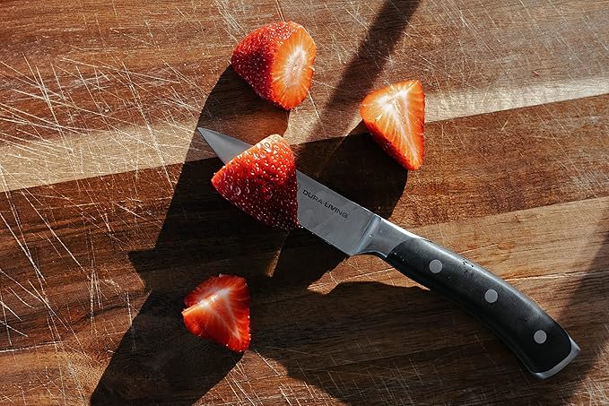 DURA LIVING 3-Piece Kitchen Knife Set ??Ultra-Sharp German Stainless Steel, 8??Chef, 5??Utility, and 3.5??Paring Knives with Ergonomic Handles, Multipurpose Kitchen Knife Set, Black