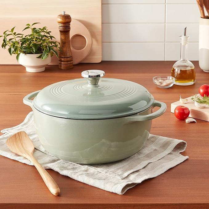 Lodge 6 Quart Enameled Cast Iron Dutch Oven with Lid ??Dual Handles ??Oven Safe up to 500째 F or on Stovetop - Use to Marinate, Cook, Bake, Refrigerate and Serve ??Desert Sage