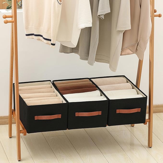 linen closet organizers and storage, 3 Pack Large Storage Baskets, Washable, Clothing Storage Bins with Handle, Closet Organizer for Storage Sweater,Sheets (Black, 18쩍"x11"x8쩍")