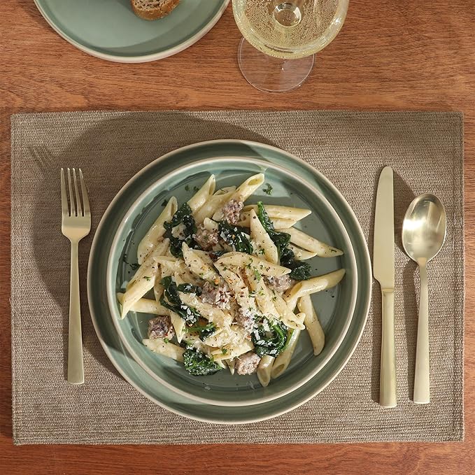 Gibson Elite Liberty Bay 16-Piece Pottery Clay Stoneware Dinnerware Set ??Mint Green Reactive Glaze, Stackable Plates and Bowls W/Pasta Bowl, Service for 4 ??Microwave & Dishwasher Safe