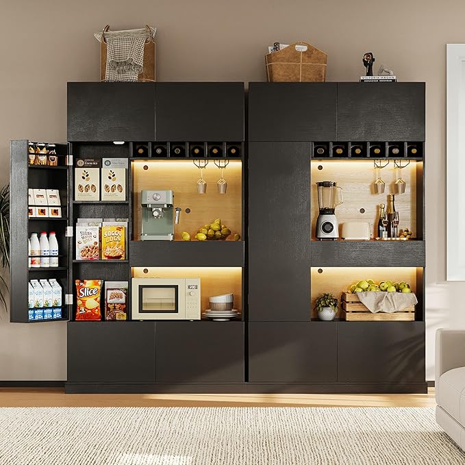 iPormis 69" Tall Kitchen Pantry Storage Cabinet with LED Lights & Microwave Stand & Wine Rack, Kitchen Hutch with Door Shelves & Adjustable Shelf & Drawers & Charge Station for Living Room, Black