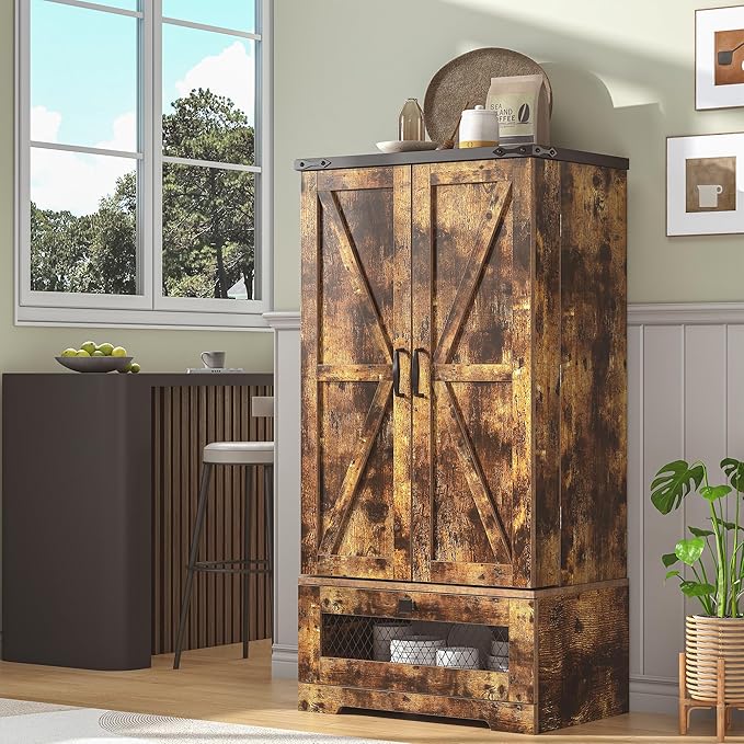 Pantry Cabinets with Adjustable Shelves and Drawer, Farmhouse Kitchen Pantry Storage Cabinet, Buffet Cupboards Sideboard for Kitchen, Dining Room, Living Room Use (Brown, 16" D x 24" W x 47" H)