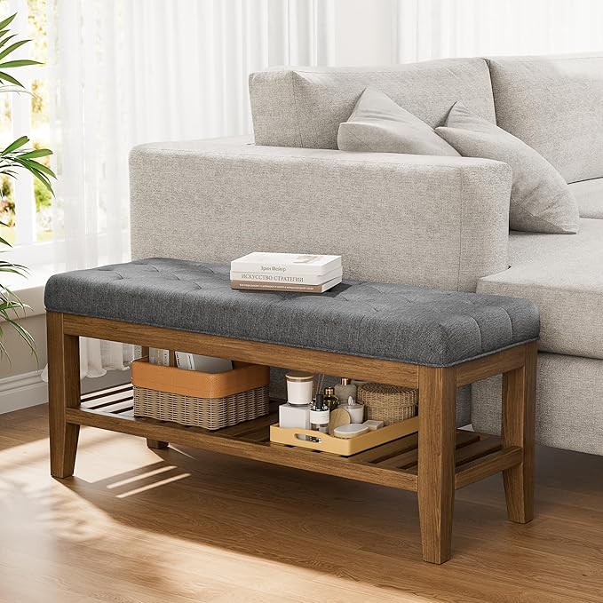 YaFiti End of Bed Storage Bench, 42.9" Entryway Shoe Bench with Solid Wood Shelf, Upholstered Ottoman with Padded Seat for Bedroom, Hallway and Lining Room, Dark Gray
