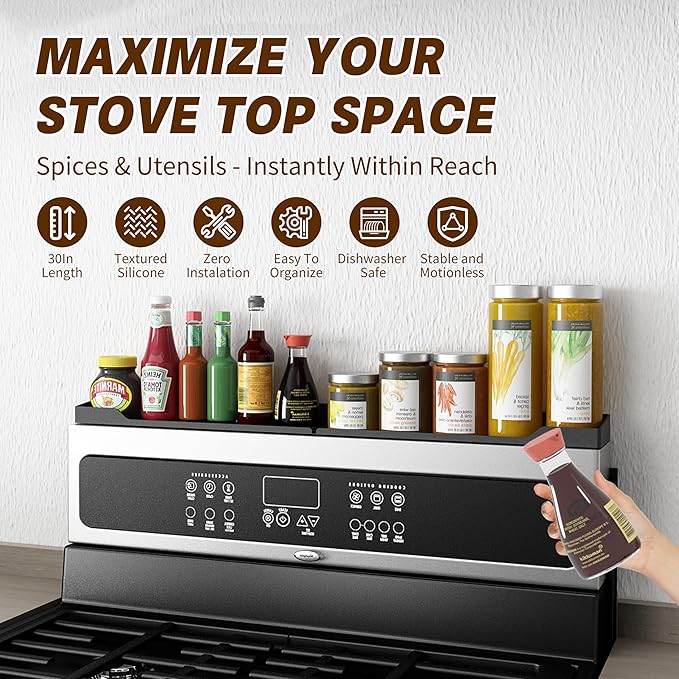 Stove Top Shelf 30 Inch, Magnetic Over the Stove Top Shelf, Silicone Oven Spice Rack Organizer Storage Organization for Kitchen, Black