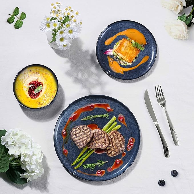 Herogo 12 Pieces Dinnerware Sets Stoneware Service for 4, Dinner Plates and Bowls Sets, Double Reactive Glaze Dishes Set for Kitchen, Scratch Resistant, Microwave & Dishwasher Safe, Starry Blue