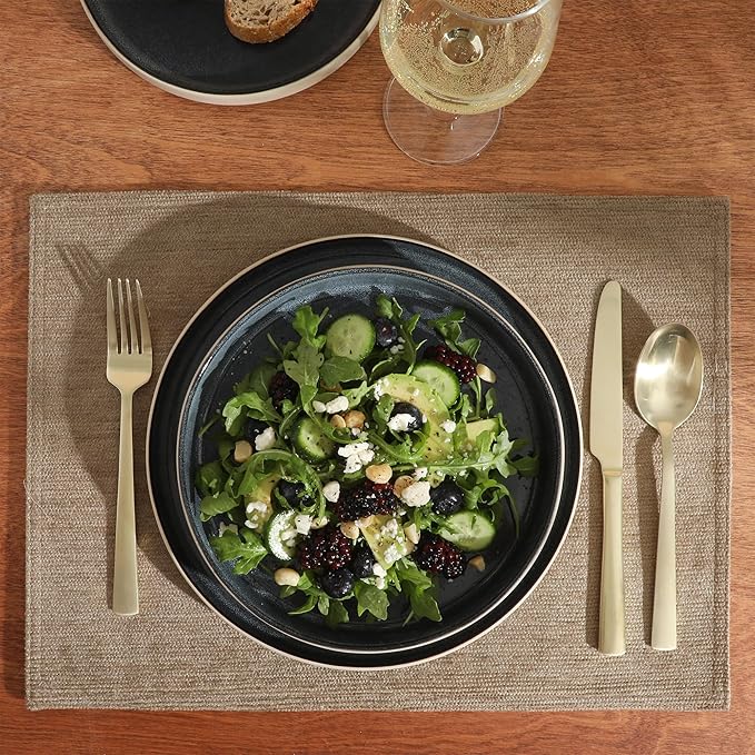 Gibson Elite Liberty Bay 16-Piece Pottery Clay Stoneware Dinnerware Set ??Blue Reactive Glaze, Stackable Plates and Bowls W/Pasta Bowl, Service for 4 ??Microwave & Dishwasher Safe