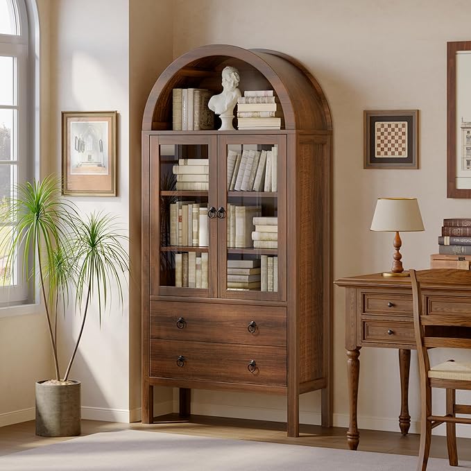 Arched Cabinet, 71" Tall Wooden Storage Cabinet, Arched Bookshelf with Glass Doors and Drawer for Living Room, Kitchen, Dining Room (Brown)